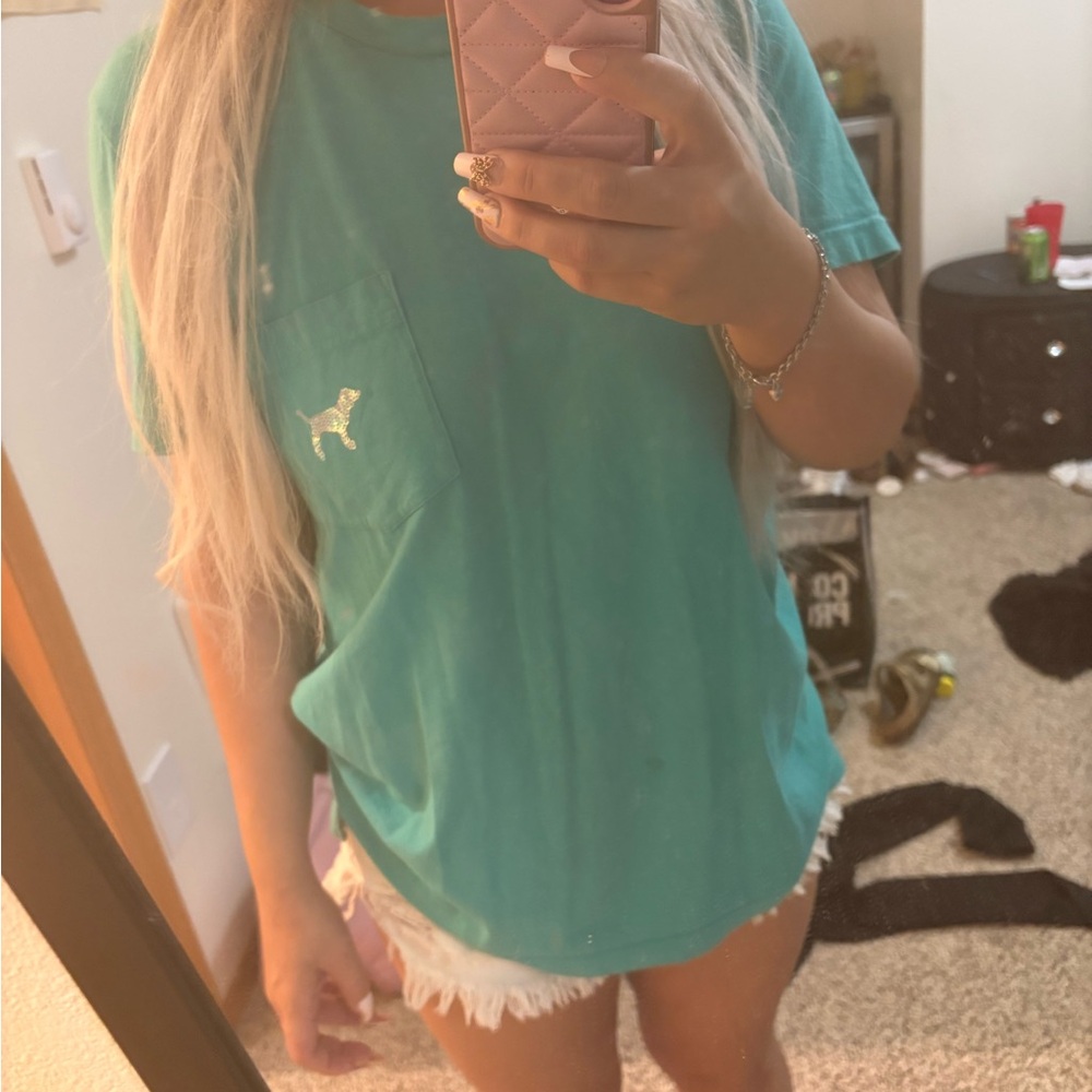 PINK Victoria's Secret Teal Short Sleeve Pocket Tee with Glitter Dog Logo